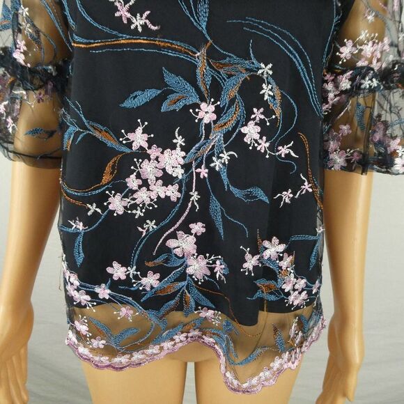 Nanette Lepore Floral Embroidery Embroidered Sheer Overlay Lined Blouse Navy Sm - Picture 4 of 10